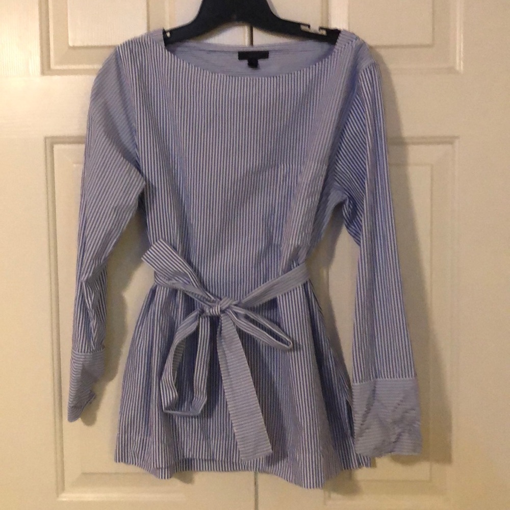 J Crew Blue and White Striped Blouse with Tie